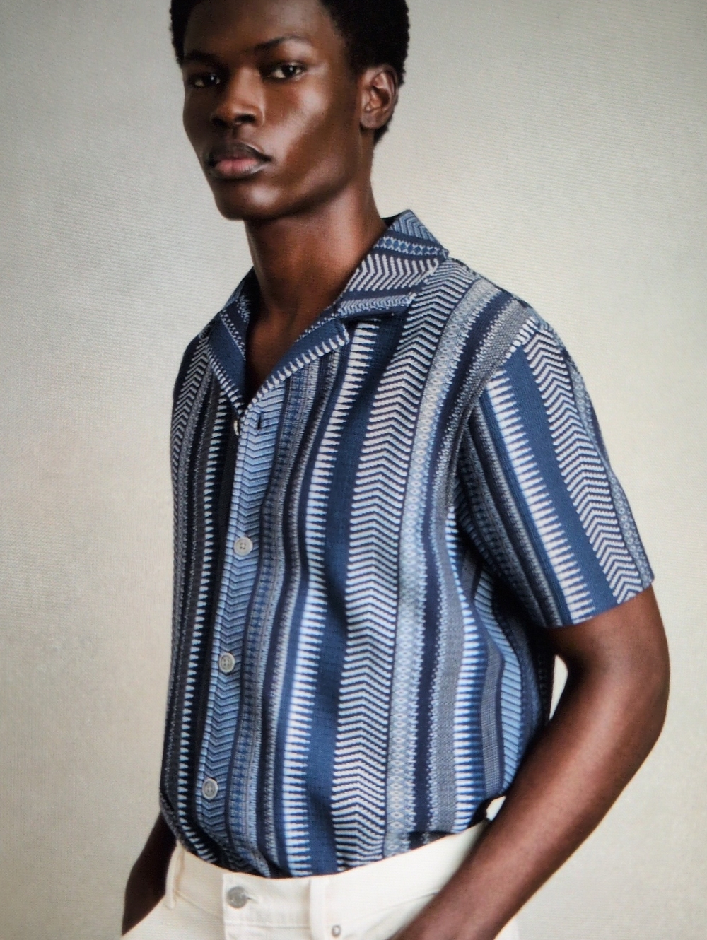 Reiss Aztec Stripe Cuban Shirt In Navy